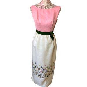 Vintage romantic Embroidered Maxi Dress Pink Satin Bodice – 60s Union Made – S